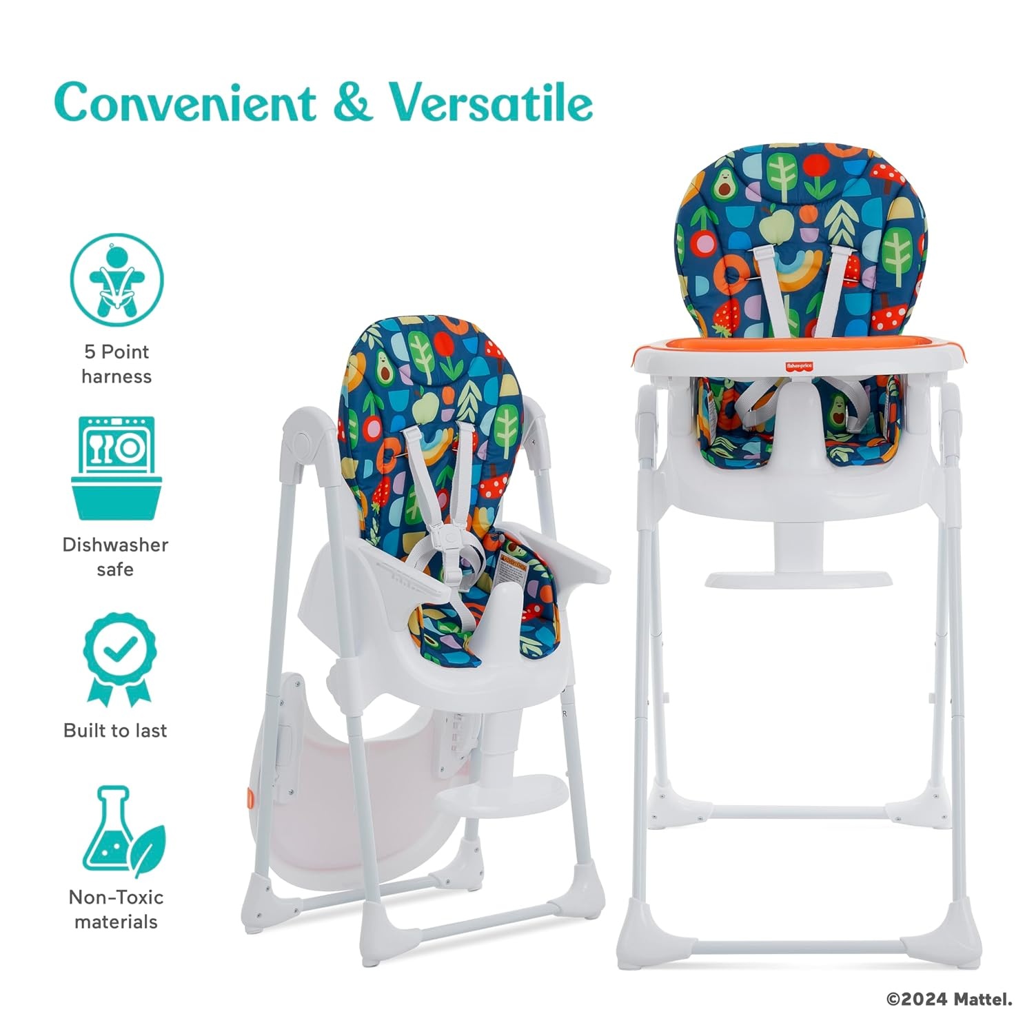 image:imageDream On Me Fisher Price Tiny Bites Baby amp Toddler Highchair Cloud Grey OneClick Folding 7 Adjustable Height Levels 2 Recline Positions Removable DishwasherSafe Tray SpaceSavingRainbow Sherbert