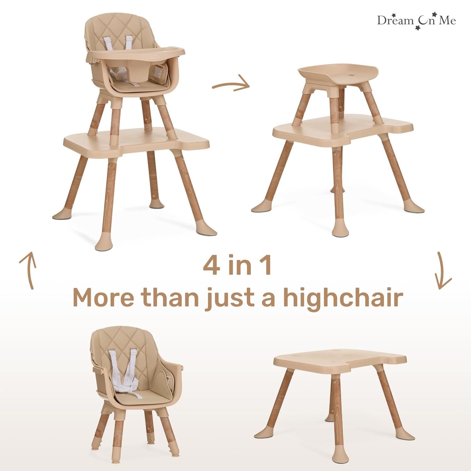 image:imageDream On Me Luna 4in1 Convertible High Chair Transforms into a Booster amp Toddler Seat Then into a Toddler Chair amp Table 5Point Safety Harness Adjustable Tray AntiSkid Padded Feet BeigeBiege
