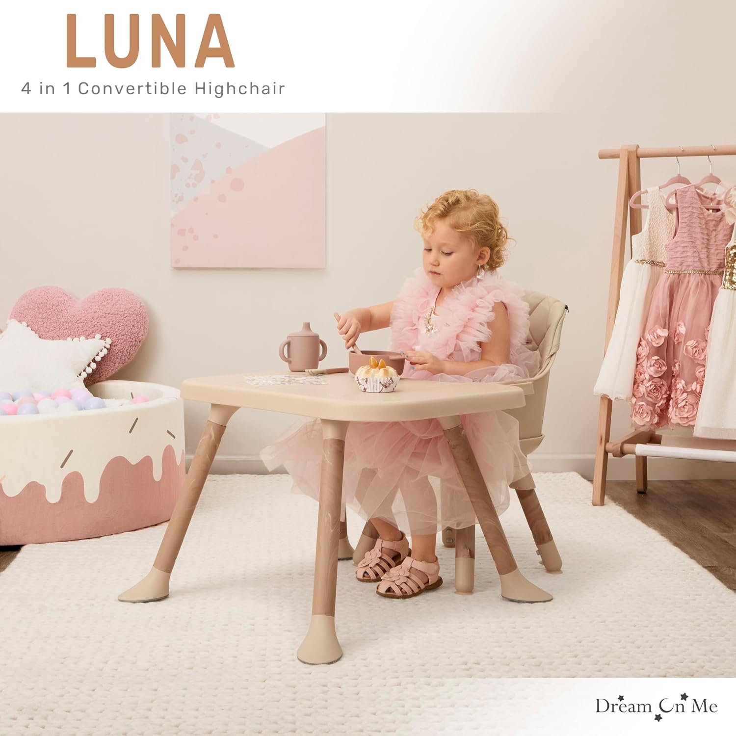 image:imageDream On Me Luna 4in1 Convertible High Chair Transforms into a Booster amp Toddler Seat Then into a Toddler Chair amp Table 5Point Safety Harness Adjustable Tray AntiSkid Padded Feet BeigeBiege