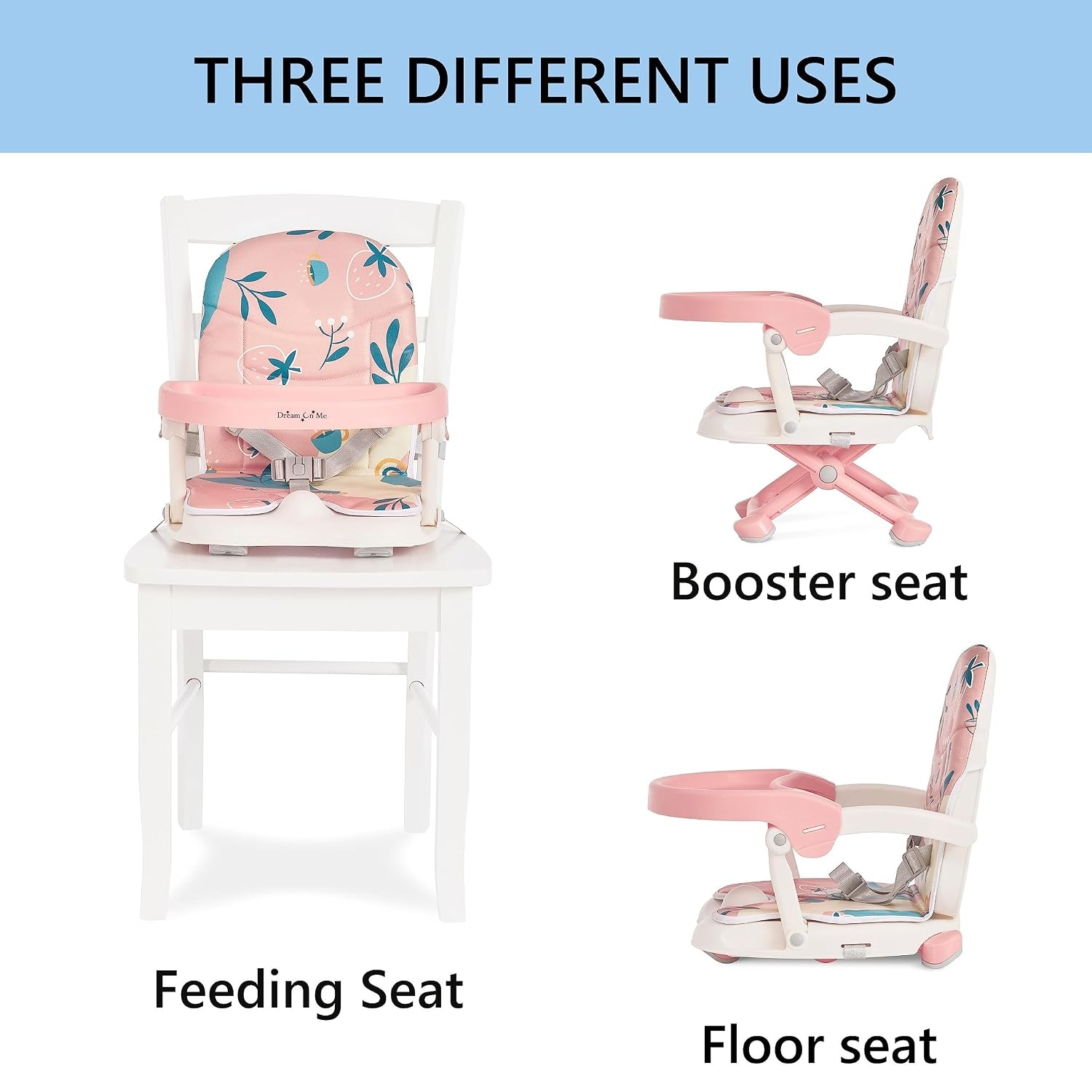 image:imageDream On Me Munch N Go Booster Seat for Babies 636 Months 3in1 Feeding Floor amp Table Seat Adjustable 4 Heights Lightweight Portable Design 3Point Safety Harness Easy to Fold amp Carry MintPink