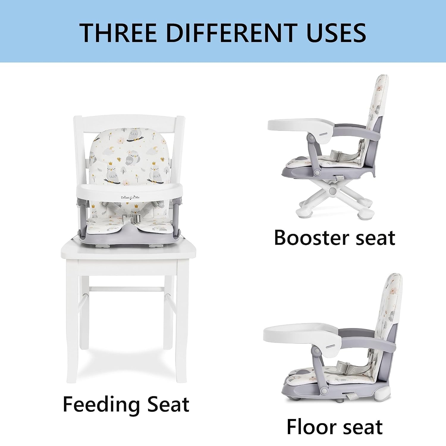 image:imageDream On Me Munch N Go Booster Seat for Babies 636 Months 3in1 Feeding Floor amp Table Seat Adjustable 4 Heights Lightweight Portable Design 3Point Safety Harness Easy to Fold amp Carry MintLight Grey