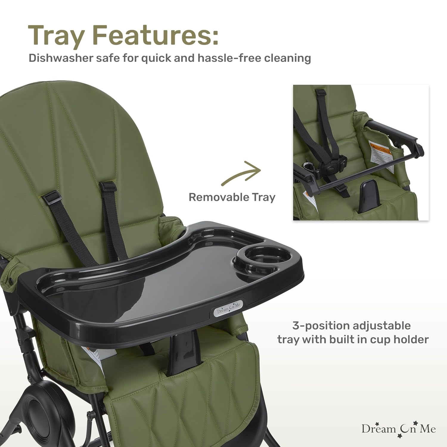 image:imageDream On Me Snack and Stow Highchair Adjustable Feeding Chair with Removable Tray Lightweight Foldable Design Easy to Clean Perfect for Toddlers amp InfantsOlive