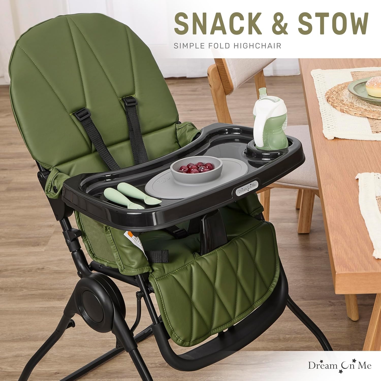 image:imageDream On Me Snack and Stow Highchair Adjustable Feeding Chair with Removable Tray Lightweight Foldable Design Easy to Clean Perfect for Toddlers amp InfantsOlive