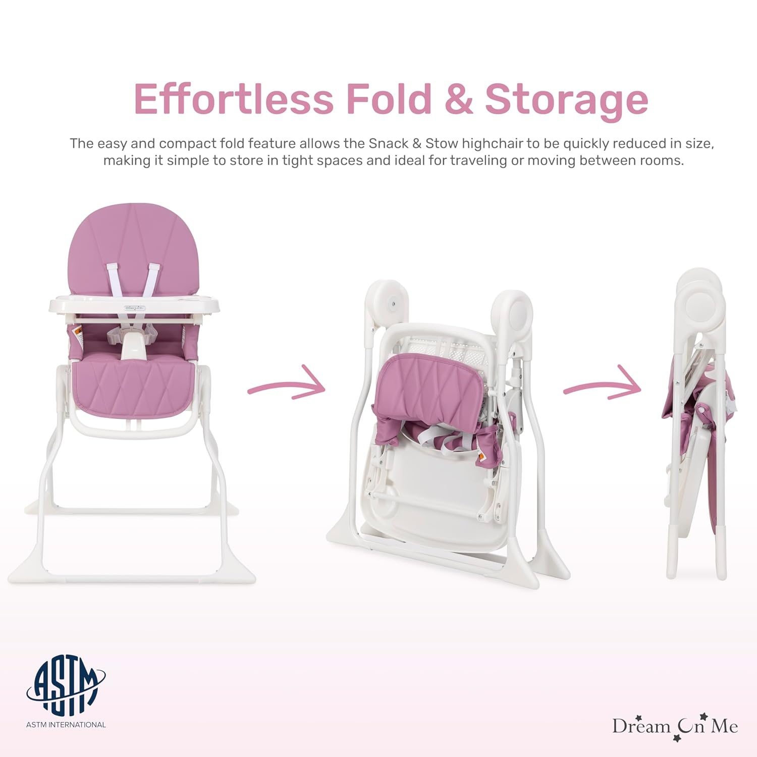 image:imageDream On Me Snack and Stow Highchair Adjustable Feeding Chair with Removable Tray Lightweight Foldable Design Easy to Clean Perfect for Toddlers amp InfantsMauve