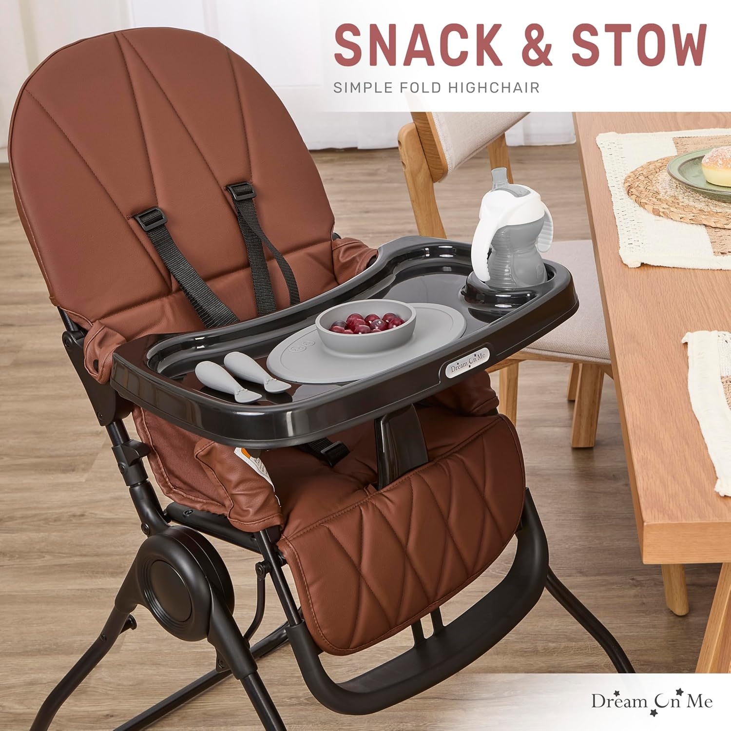 image:imageDream On Me Snack and Stow Highchair Adjustable Feeding Chair with Removable Tray Lightweight Foldable Design Easy to Clean Perfect for Toddlers amp InfantsCognac