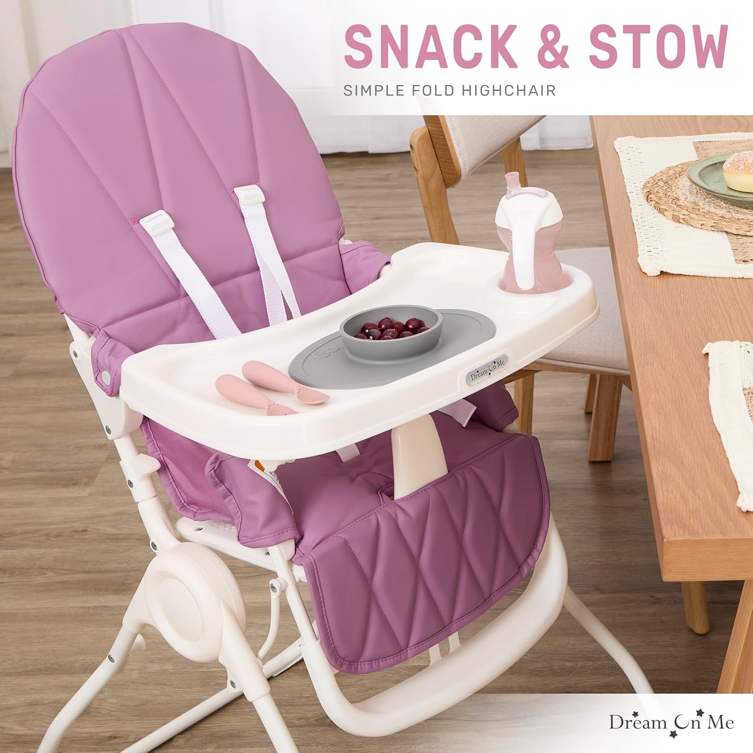 image:imageDream On Me Snack and Stow Highchair Adjustable Feeding Chair with Removable Tray Lightweight Foldable Design Easy to Clean Perfect for Toddlers amp InfantsMauve