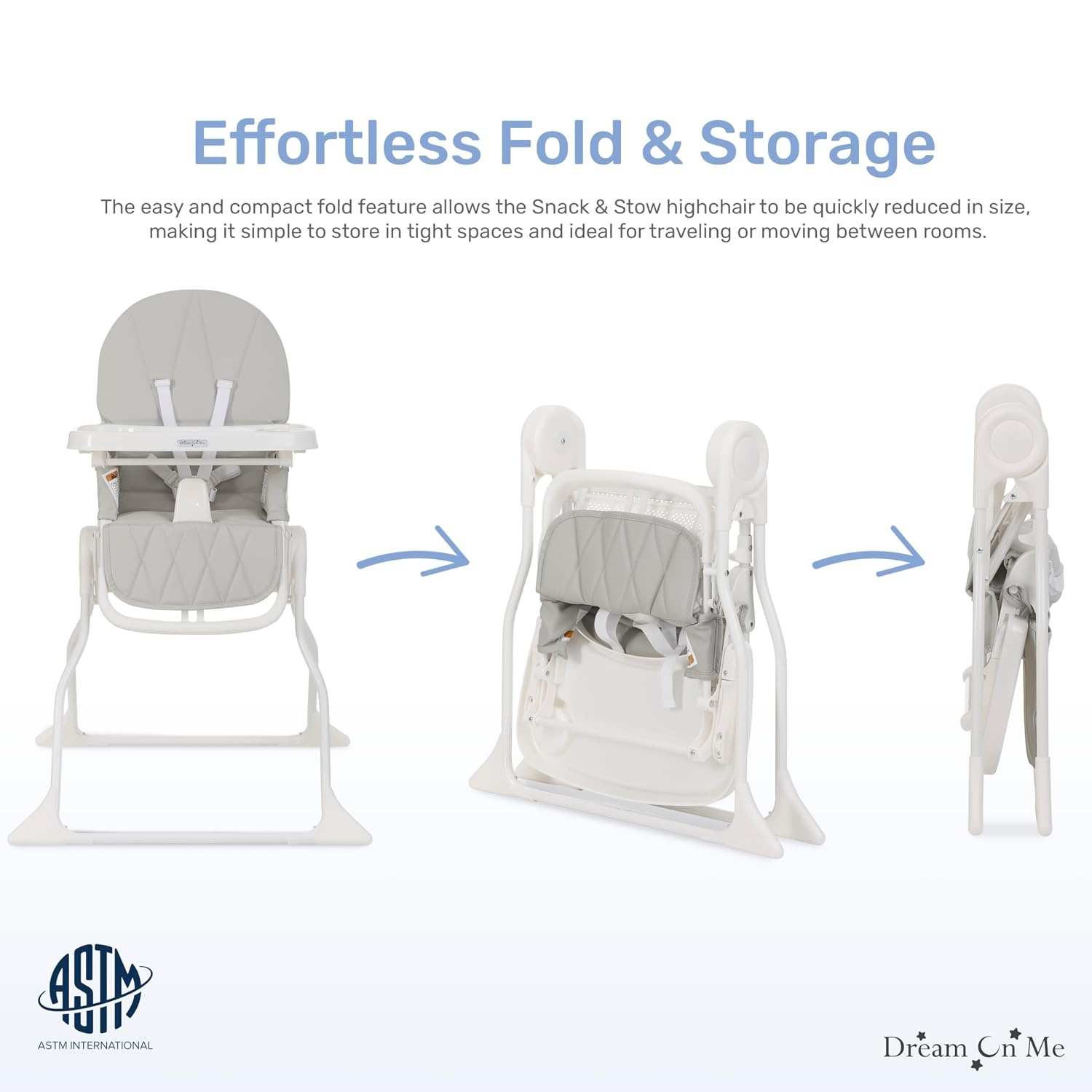 image:imageDream On Me Snack and Stow Highchair Adjustable Feeding Chair with Removable Tray Lightweight Foldable Design Easy to Clean Perfect for Toddlers amp InfantsKoala Gray
